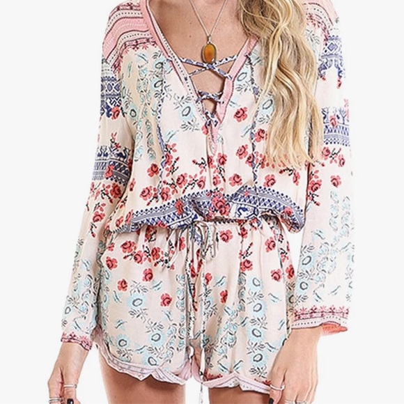 Genuine People Pants - Genuine People Floral Boho Romper, Pink, Size S